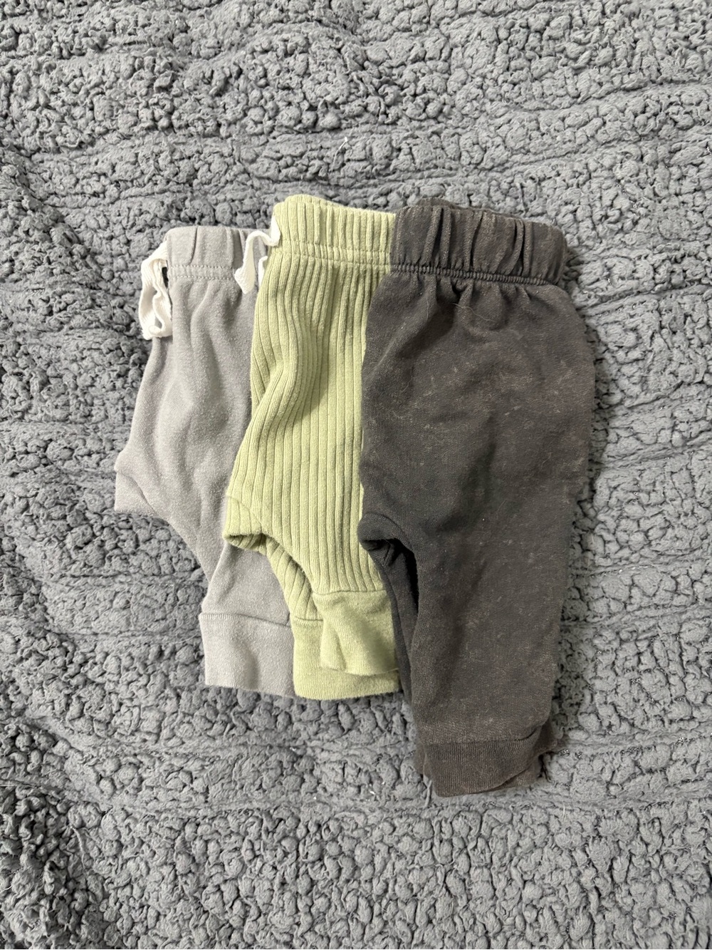 3 Pairs Baby Pants in Gray, Ribbed Olive Green & Faded Wash Black